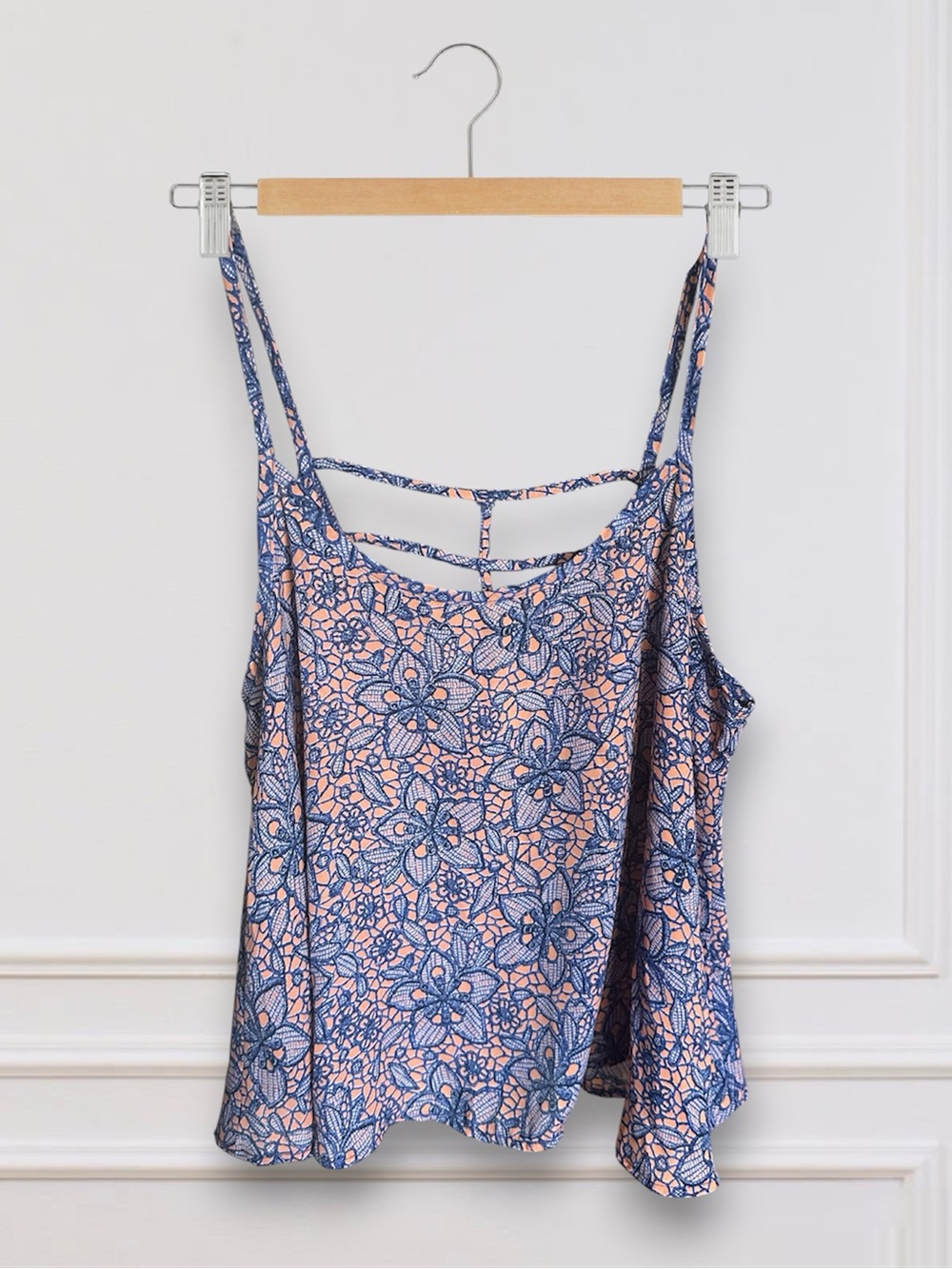 Soprano Blue Floral Lace-Print Camisole-  Size L